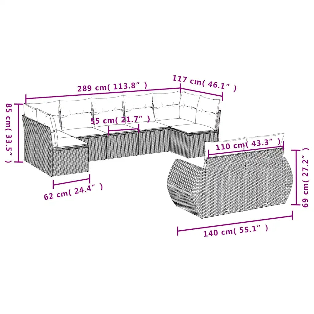 Set Divani da Giardino 9pz con Cuscini Marrone in Polyrattan