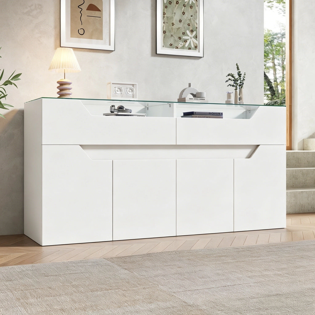 Madia con 2 cassetti e piano in vetro temperato con LED per soggiorno e ingresso; in MDF; bianco; 140×40×70 cm