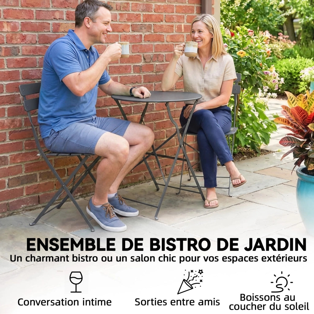 Set Bistrot Giardino 3 Pezzi Tavolo Pieghevole 2 Sedie Pieghevoli ¨C Xylo ¨C Metallo Grigio