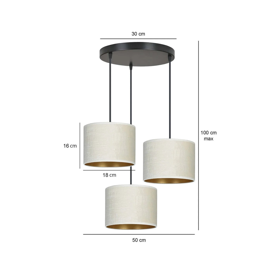 Lampadario Tondo 3 Luci Ganesha In Acciaio Nero E Paralumi In Tessuto Beige