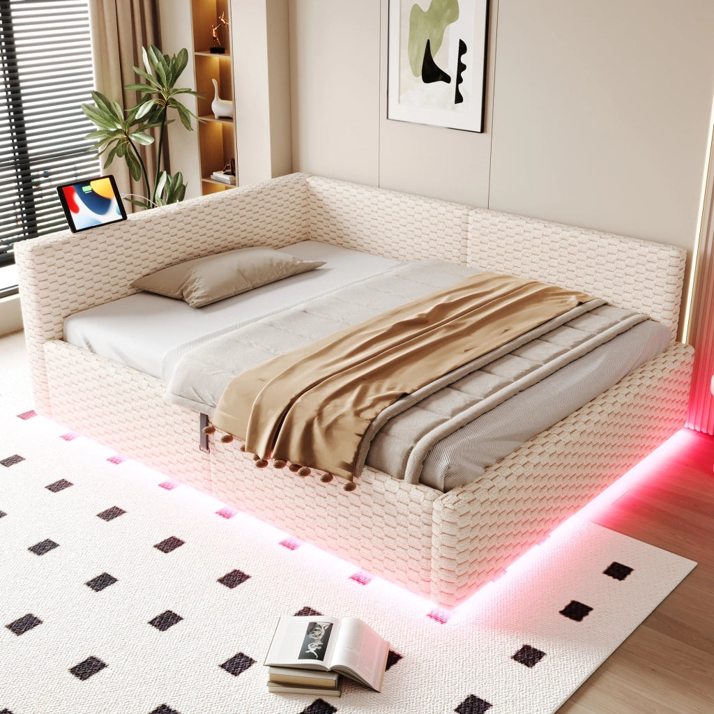 Letto Matrimoniale 140x200 cm; Contenitore; LED; USB e Tipo C; in Velluto; Beige