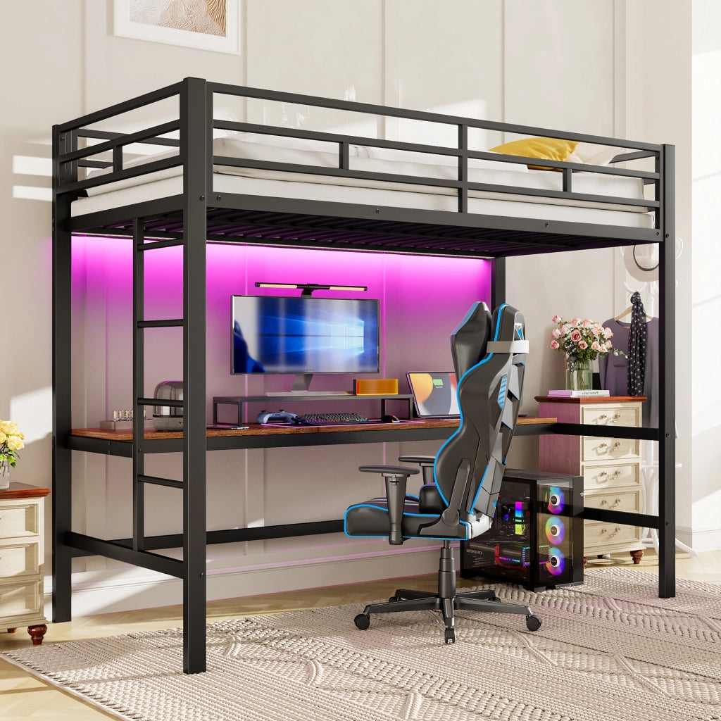 OKWISH Letto a Soppalco 90×200 cm, Letto Singolo con Scrivania, USB, Tipo-C, Presa e LED Regolabile, senza Materasso, Metallo, Nero