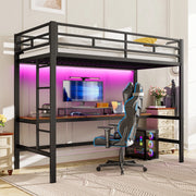 OKWISH Letto a Soppalco 90×200 cm, Letto Singolo con Scrivania, USB, Tipo-C, Presa e LED Regolabile, senza Materasso, Metallo, Nero