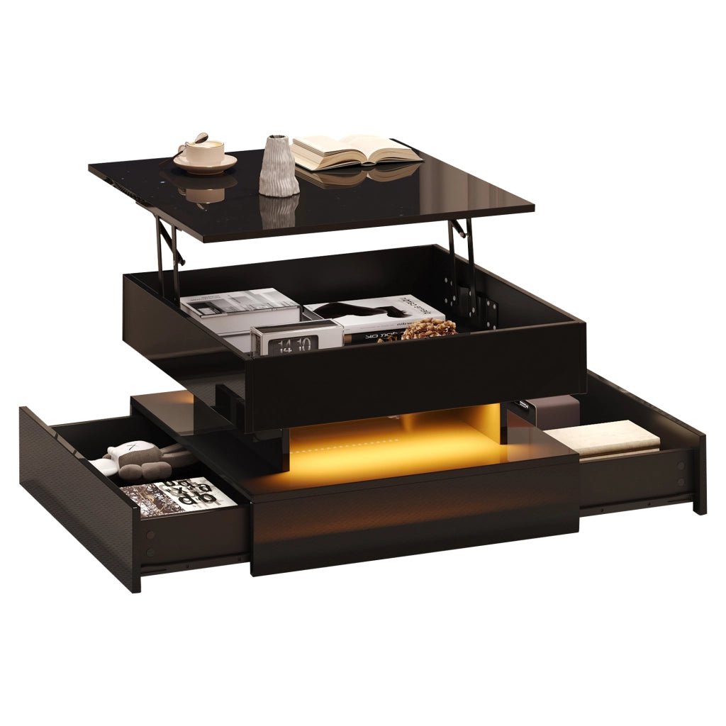 Tavolino da Salotto Alzabile Quadrato con 2 Cassetti e LED; Finitura Lucida; Vano Contenitore Nascosto; in Pannelli di Particelle; 65×65×38;5 cm; Nero