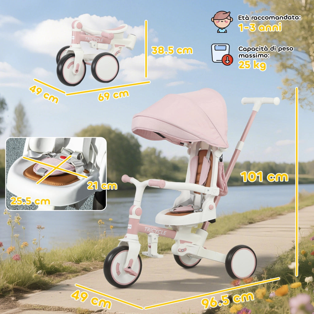 Triciclo per Bambini 5 in 1 con Maniglione di Spinta e Copertura Rimovibile, 96.5x49x101 cm, Rosa