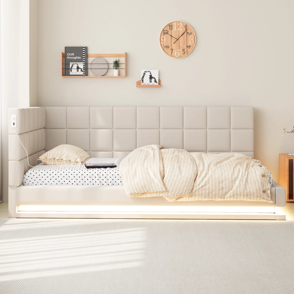 LETTO imbottito trasformabile 90x200 cm Beige con LED e USB