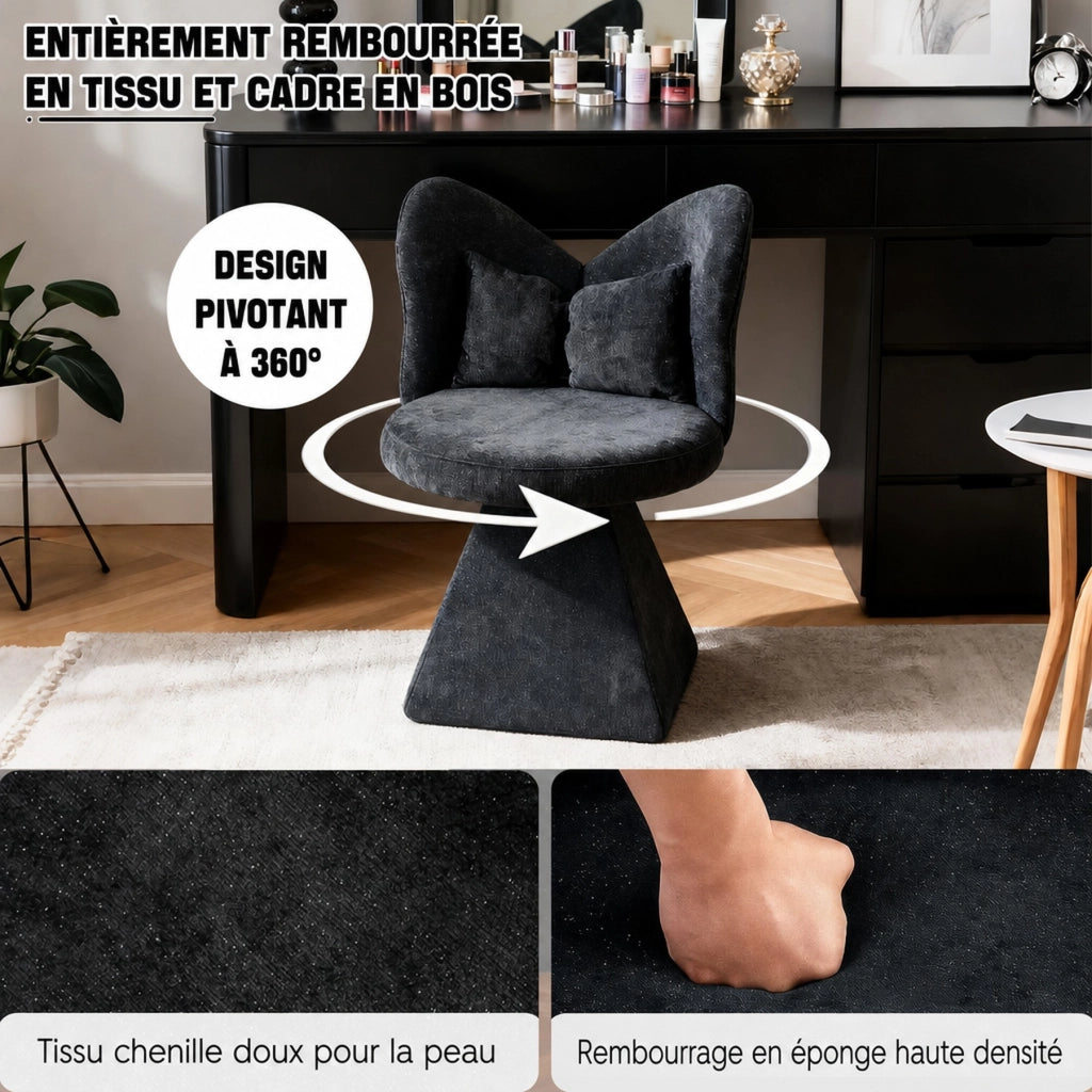 Sedia girevole imbottita in chenille nero con base triangolare stabile, senza braccioli, per soggiorno, sala da pranzo e spazi beauty