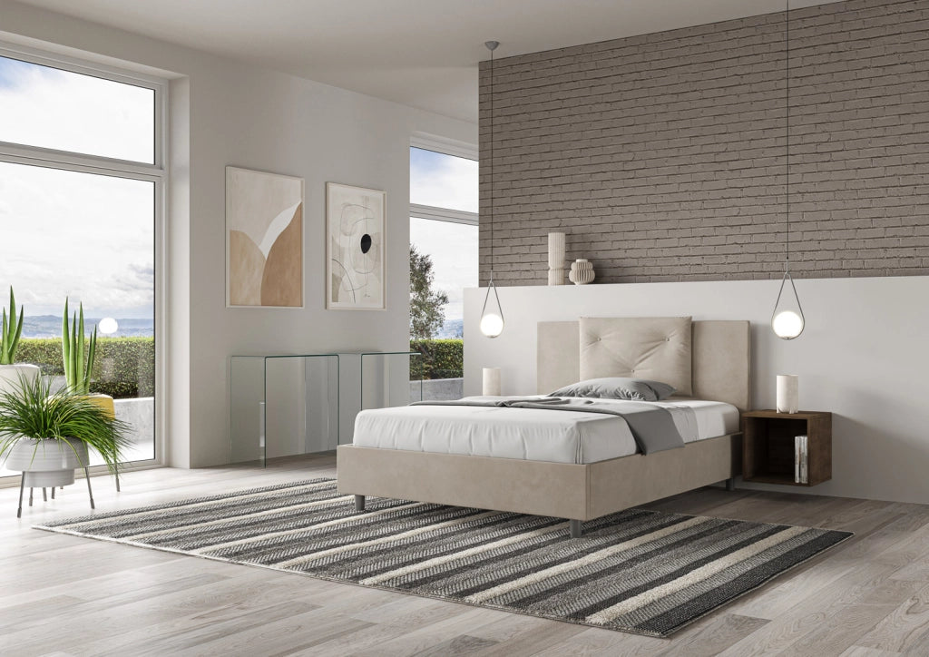 BS COM Letto una piazza e mezza con rete imbottito 130x210 microfibra sabbia