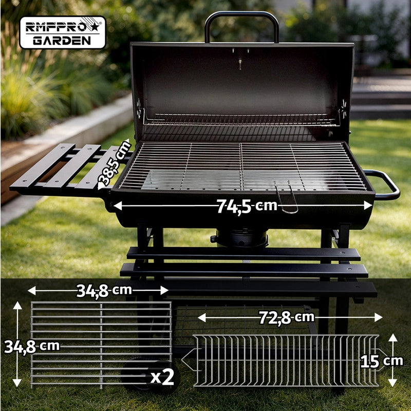 RMF Barbecue a Carbonella con Griglia XL con Termometro Integrato - Kit Accessori e Copertura inclusi, Carrello in Acciaio Resistente con Ruote, Ripiani Laterali Pieghevoli, Cassetto Raccogli-Cenere