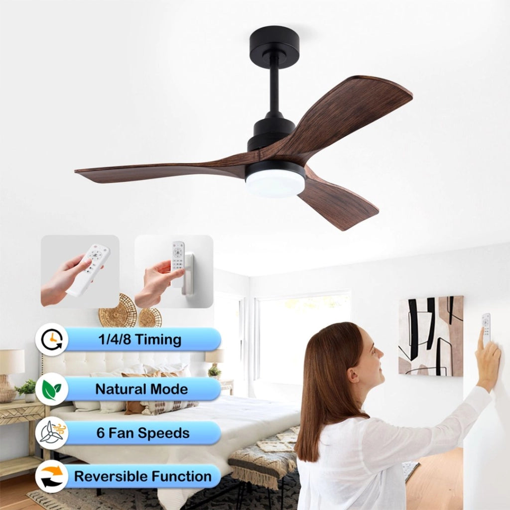 Ventilatore da soffitto a 3 pale con luce led e telecomando in abs nero e noce scuro