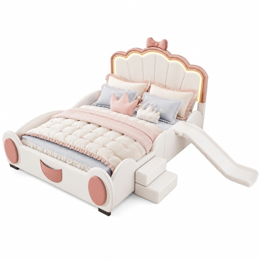 Letto per bambini 140x200 cm a farfalla con LED multicolore, scivolo e scale, rosa e bianco