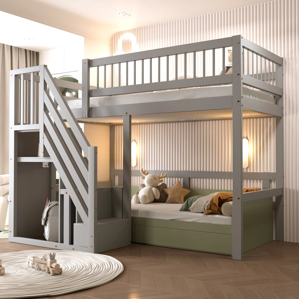 Letto a soppalco in legno massello con scala contenitore e recinzione alta; grigio; 90x200 cm; senza materasso