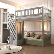 Letto a soppalco in legno massello con scala contenitore e recinzione alta; grigio; 90x200 cm; senza materasso