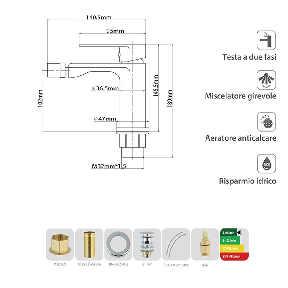 Rubinetto Bidet Cromato Monocomando con Bocca Orientabile 94001