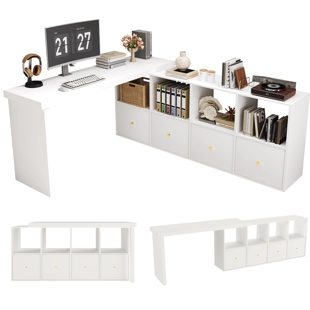 Scrivania angolare girevole 360° con 8 vani e 4 cassetti; 120x48x78 cm + 140x35x74 cm; MDF bianco