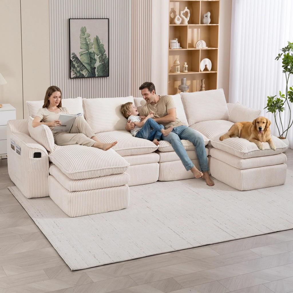 Divano Modulare 4 Posti con 2 Pouf ¨C MINIMAL ¨C Tessuto Beige, Cuscini, Tasche Laterali