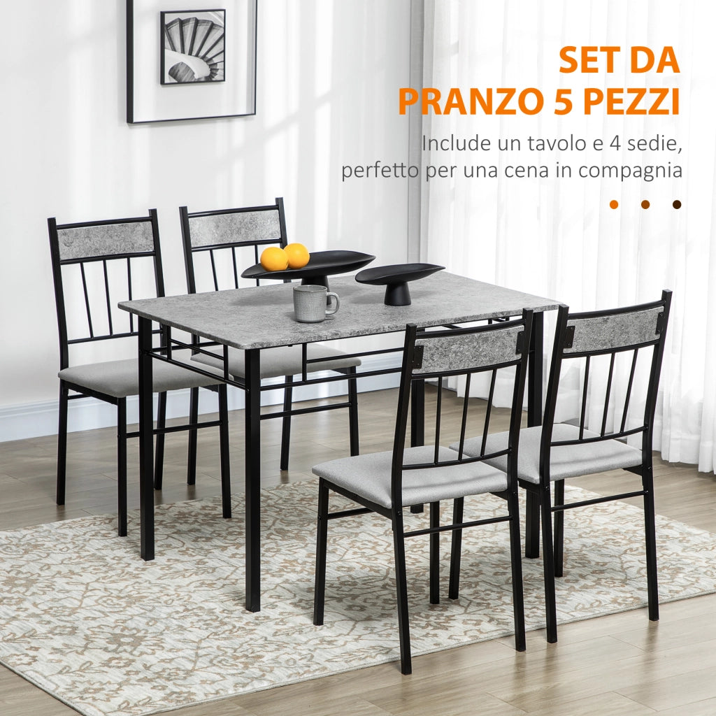 EasyComfort Set Tavolo e Sedie 5pz, Tavolo da Pranzo Rettangolare in Metallo e MDF e 4 Sedie da Pranzo Grigio e Nero