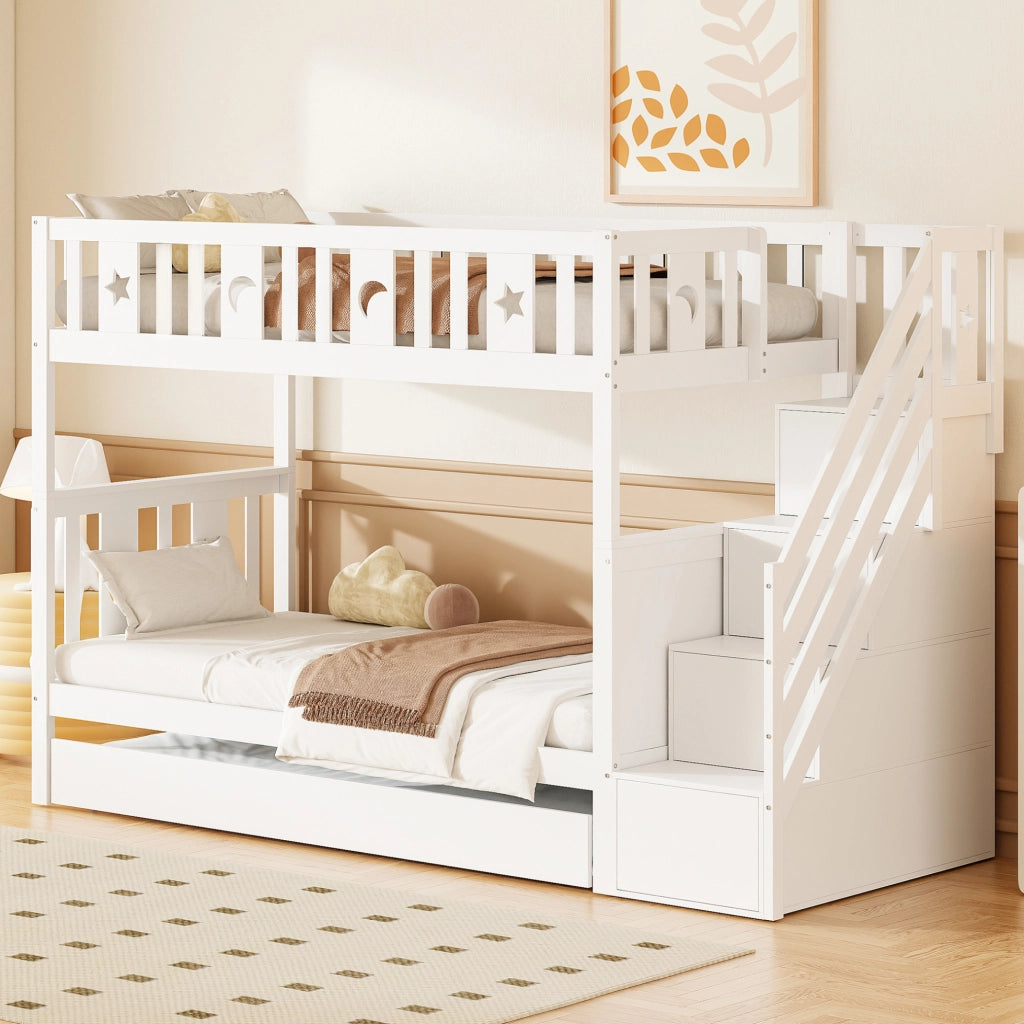Letto a castello per bambini con letto estraibile e gradini contenitivi bianco