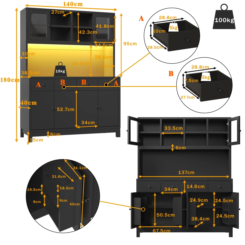 Credenza alta con 4 cassetti; ripiani regolabili e ante in vetro con LED RGB per cucina e soggiorno; 140×38.5×180 cm