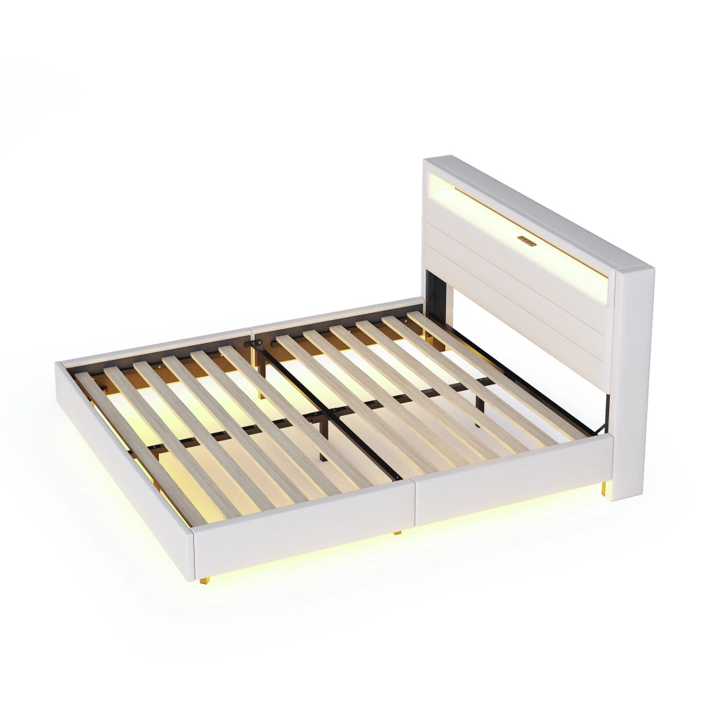 DESMIU Letto matrimoniale 160 × 200 cm con USB, LED regolabile, testiera reversibile e vano, senza materasso, beige