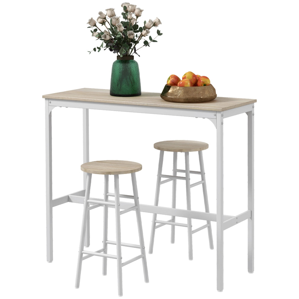 Set tavolo bar alto + 2 sgabelli con piano effetto legno naturale e telaio in metallo bianco per 2 persone