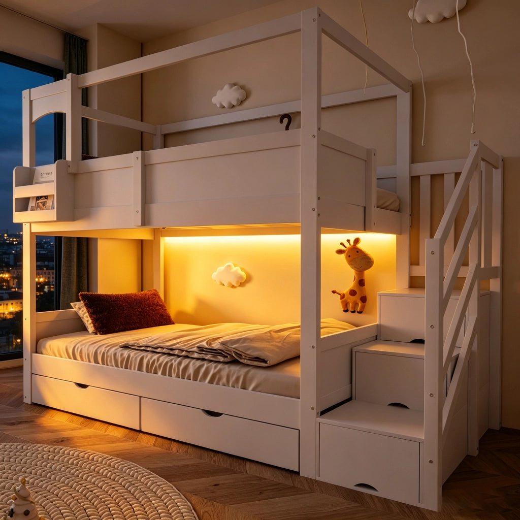 Letto a castello a casetta 90x200 cm con lavagna; 2 cassetti; mensole e scala contenitore; pino e MDF; bianco