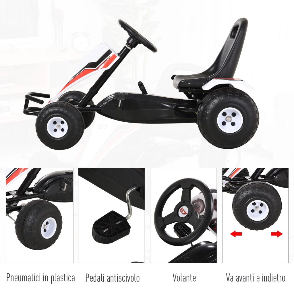 EasyComfort Go-Kart a Pedali Bianco per Bambini 3-6 Anni con Sedile Regolabile, Ruote in Plastica, Freno a Mano e Cambio
