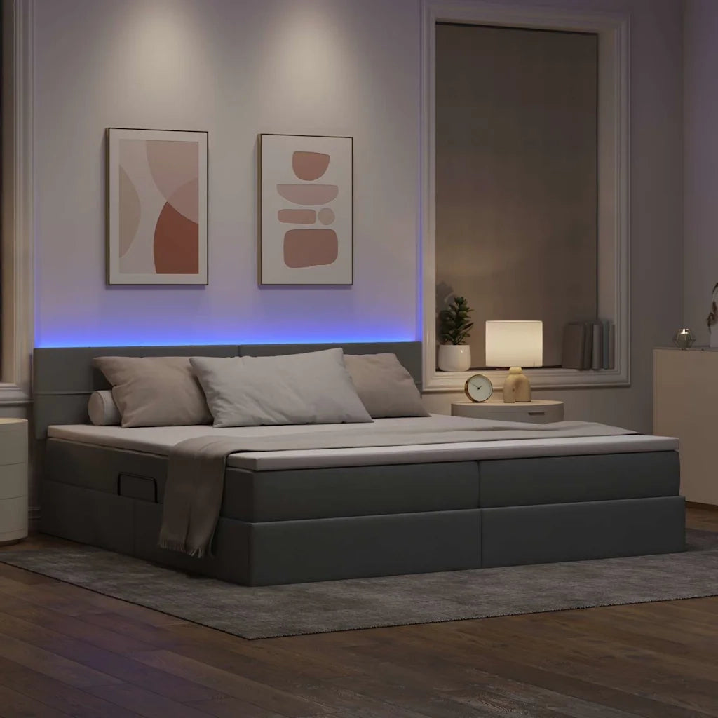 Letto con contenitore e LED Grigio chiaro 200 x 200 cm Tessuto