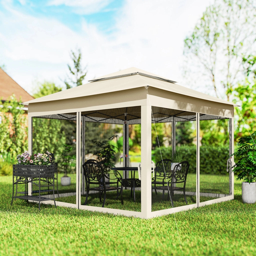 Gazebo pieghevole pop-up 3x3m ¨C Xylo ¨C metallo poliestere impermeabile anti UV con zanzariere crema