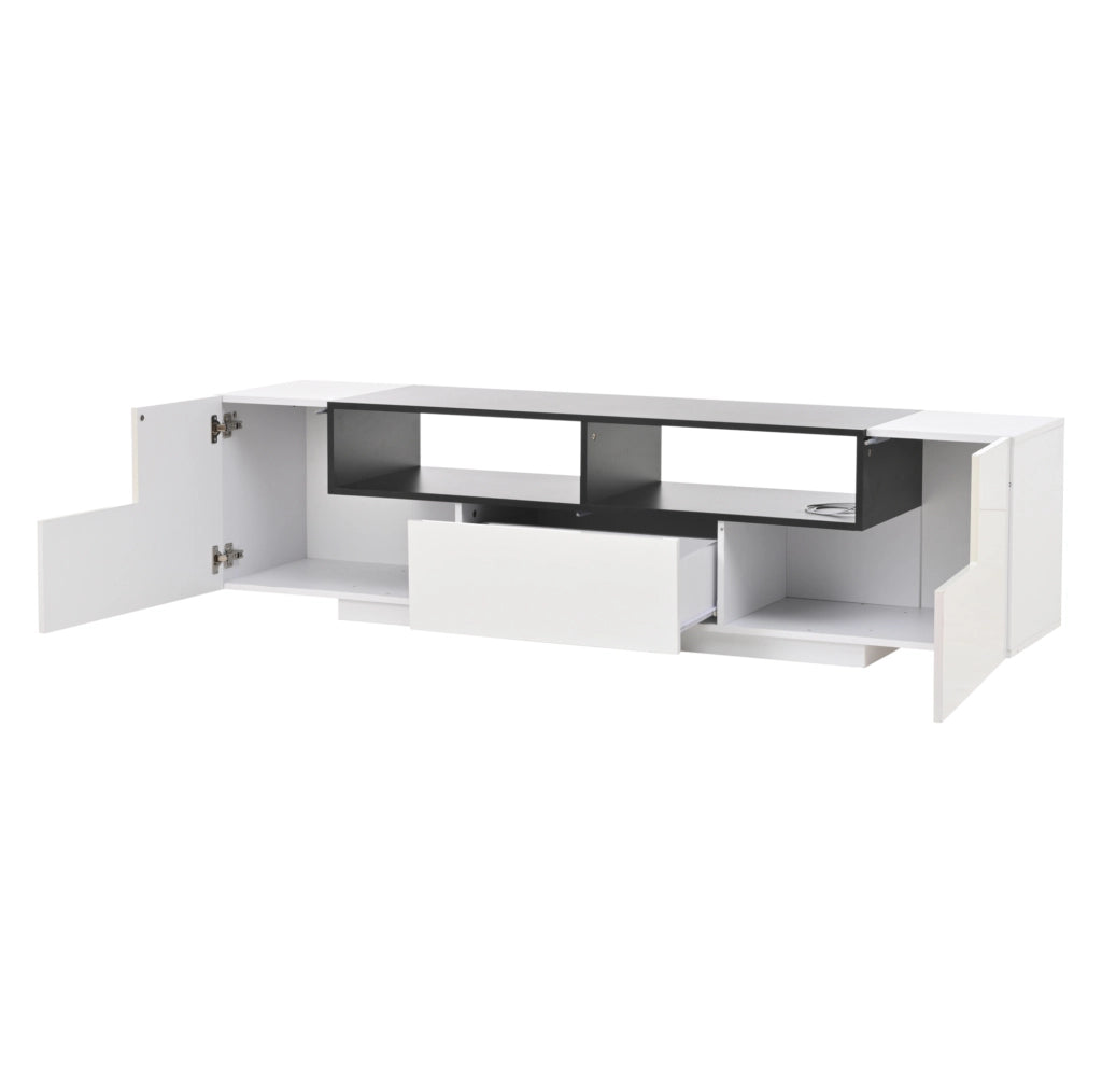 Mobile TV 180x40x48 cm con LED controllato da app e frontale lucido in truciolare bianco