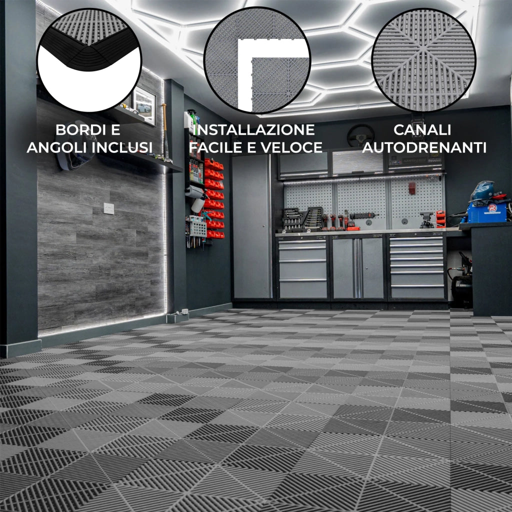 Piastrelle ventilate grigie 6m x 6m per garage doppio e officine, antiscivolo.