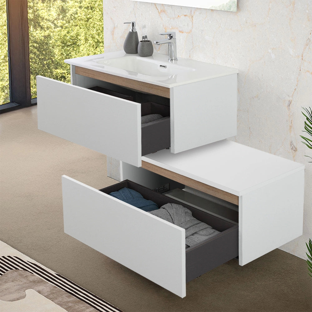 Cassettone bagno sospeso 80 cm soft-close bianco e rovere africa Kleo
