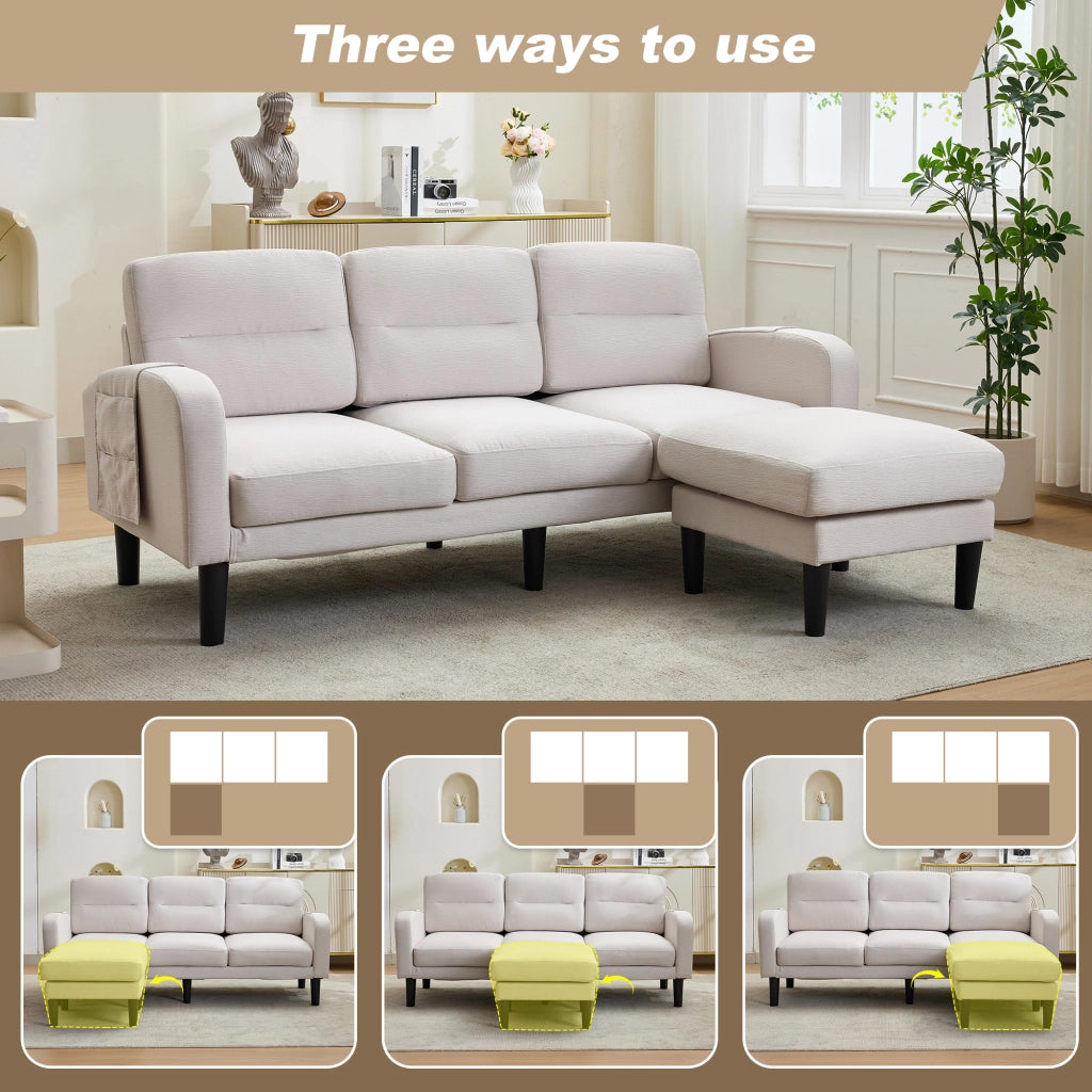 Divano Angolare 3 Posti con Chaise Longue e Tasche laterali in Tessuto Beige 204 × 136 × 80 cm