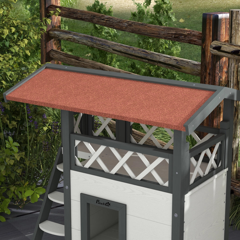 Casetta per Gatti 2 Livelli con Scala e Balcone ¨C Zephmum ¨C Bianco 77x50x73 cm