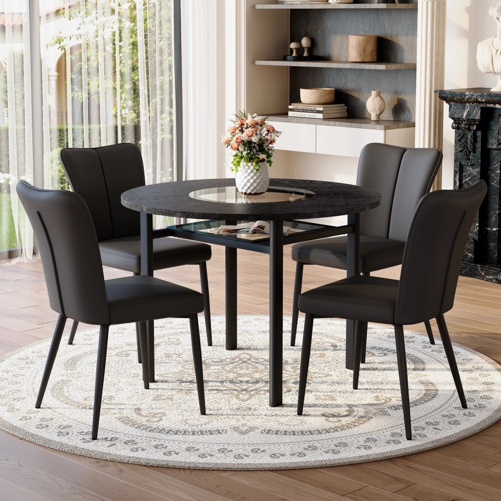 Set tavolo da pranzo e sedie con 1 tavolo rotondo e 4 sedie; ripiano in vetro; in MDF; vetro; metallo e PU nero