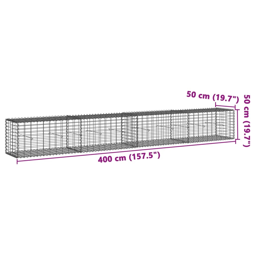 Gabbione recinto a gabbia muro di contenimento con coperchio 400 x 50 x 50 cm ferro zincato argento 02_0040166