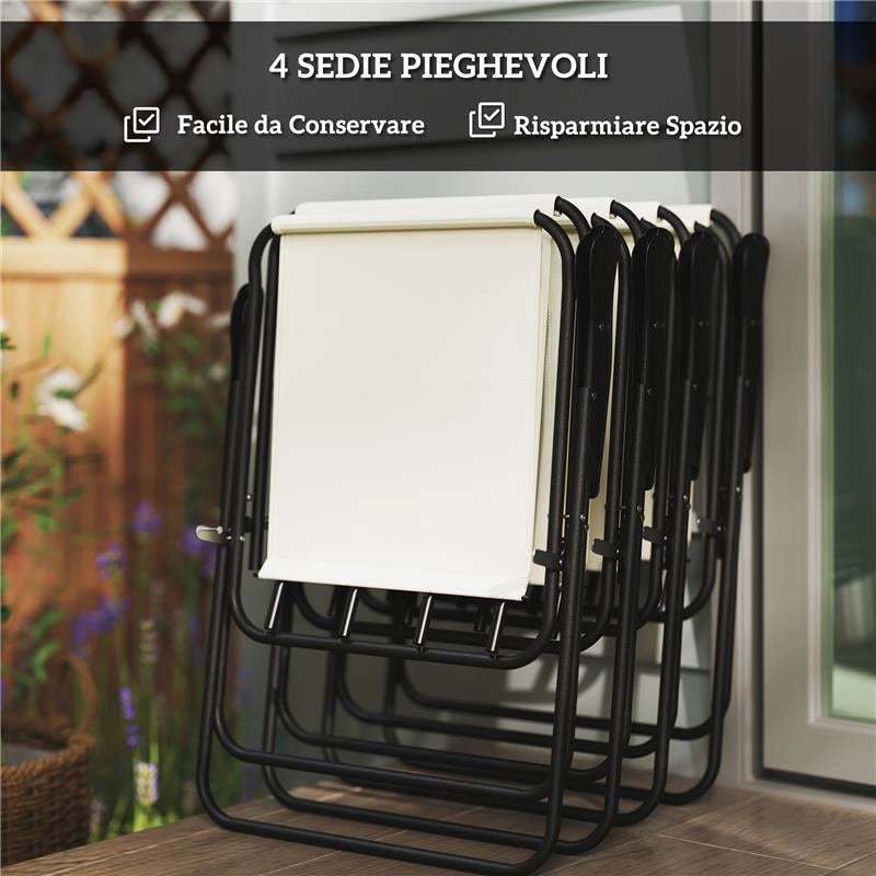 SET DA GIARDINO 6 PEZZI IN ACCIAIO CON 4 SEDIE PIEGHEVOLI OMBRELLONE E TAVOLO ROTONDO CREMA GRIGIO E NERO