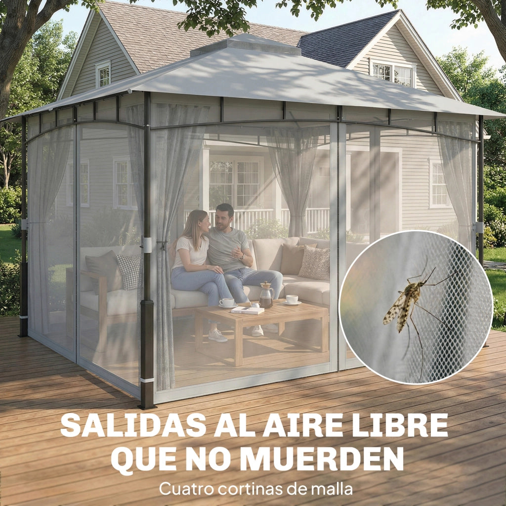 Gazebo da Giardino ¨C Xylo ¨C Doppio Tetto Pareti in Rete UPF50+ Grigio 360x300x275cm