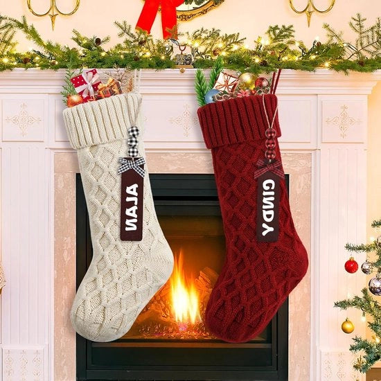 Set di 2 calze di lana a maglia - 457 cm - Decorazioni di Natale bianche - Calze rustiche - Vacanza di famiglia - Bambini - Decorazioni di Natale