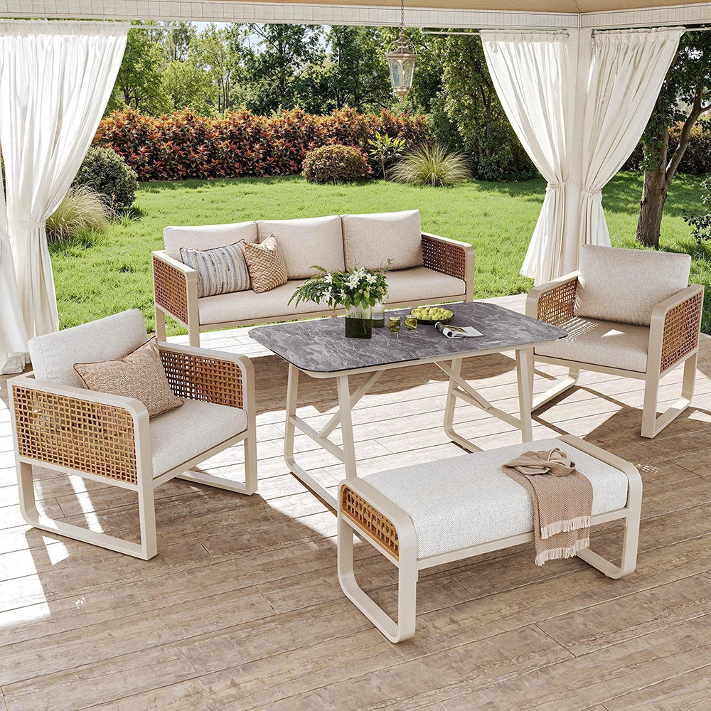 Set da giardino per 6-7 persone - Xylo - Tavolo e divano con cuscini lavabili, beige