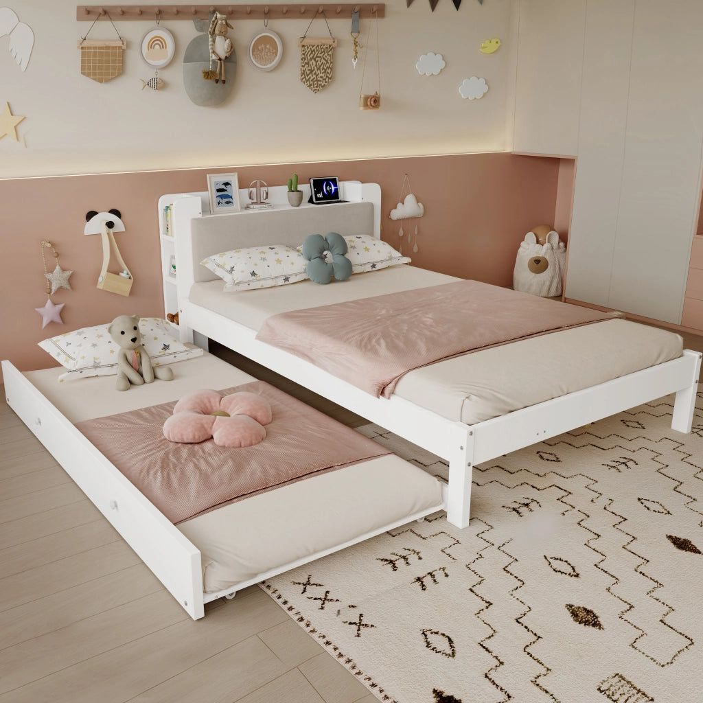 Letto funzionale 120x200 cm bianco con letto estraibile 90x190 cm, testiera imbottita e stazione di ricarica