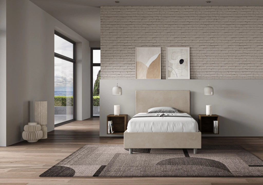 BS COM Letto singolo con rete imbottito 100x200 microfibra sabbia