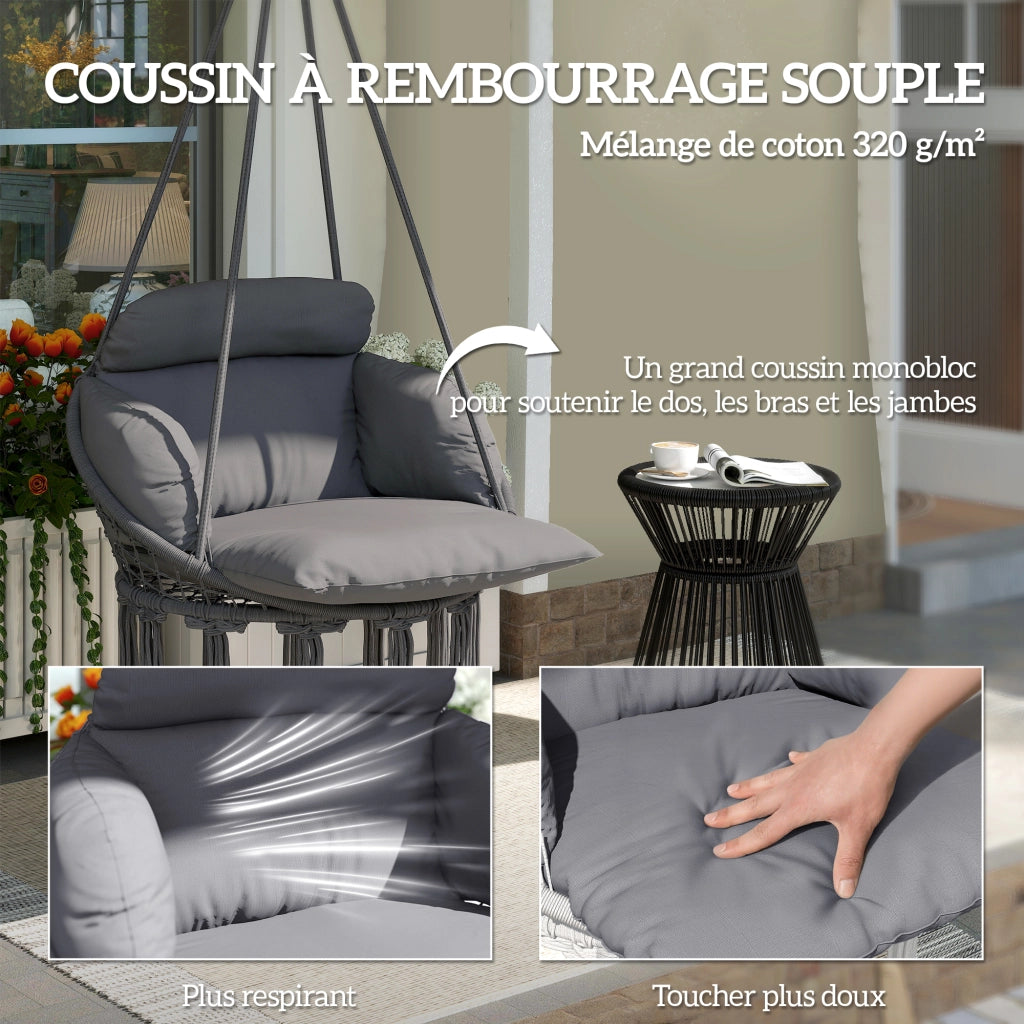 Poltrona sospesa con cuscino imbottito e frange ¨C Xylo ¨C grigio scuro 80x60x40 cm