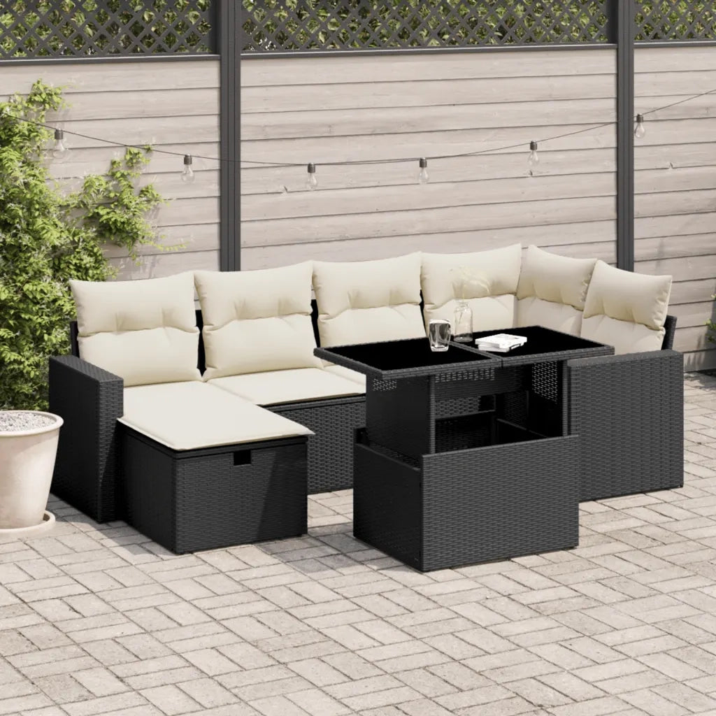 Set Divani da Giardino con Cuscini 7pz Nero Polyrattan
