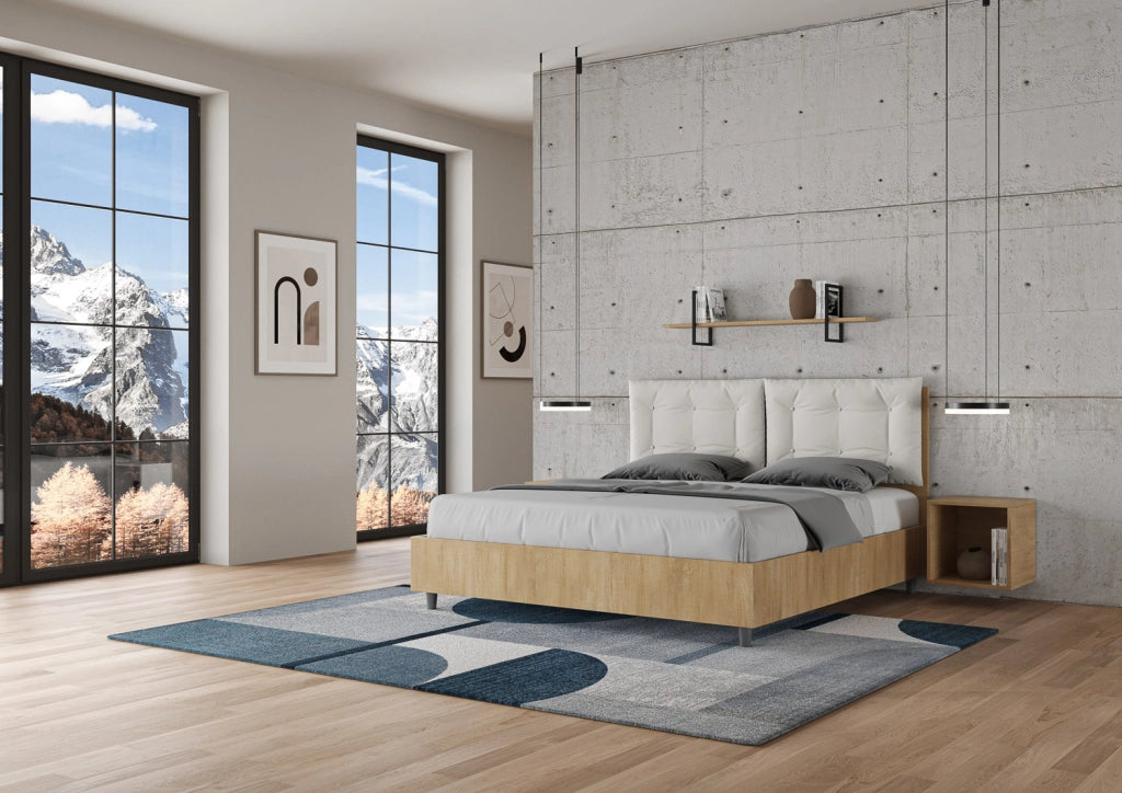 Letto Matrimoniale 160x200 cm con Rete e Contenitore Alzata Comoda Struttura Quercia con Cuscini in Similpelle Egos