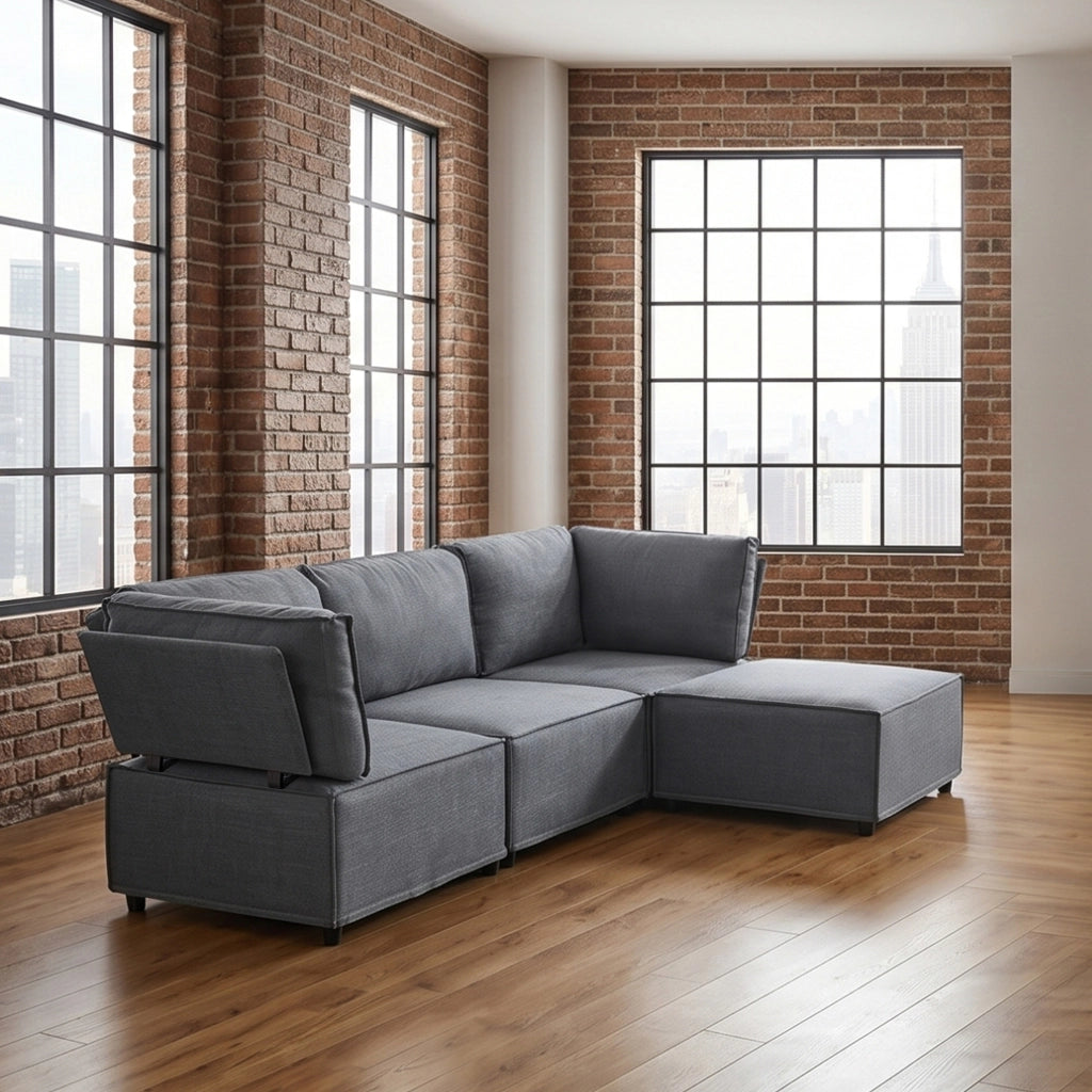 Divano modulare componibile con funzione letto e configurazione flessibile per soggiorno in tessuto grigio scuro
