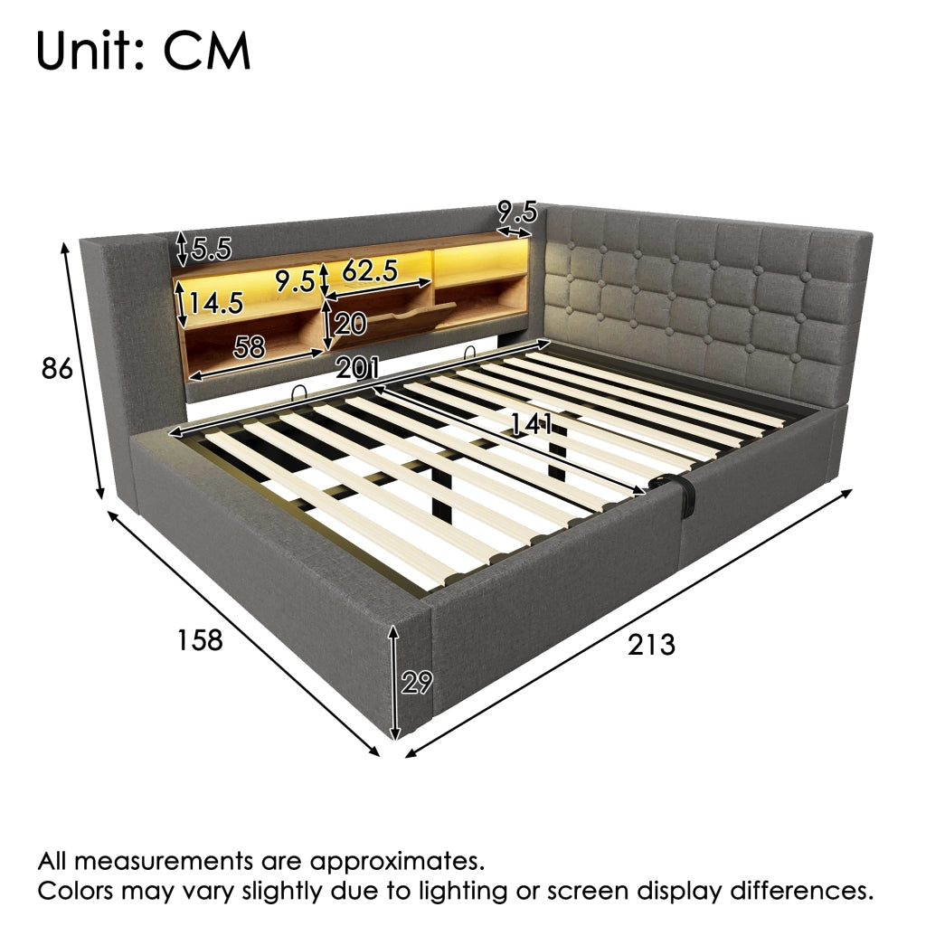 OKWISH Letto Contenitore 140×200 cm, Letto Matrimoniale con LED, USB, Tipo C e Testiera a L reversibile con ripiani, senza Materasso, Lino, Grigio
