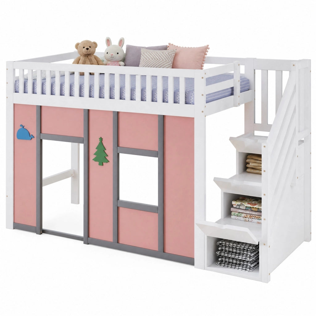 Letto a soppalco per bambini 90x200 cm bianco e rosa con scala contenitore e LED