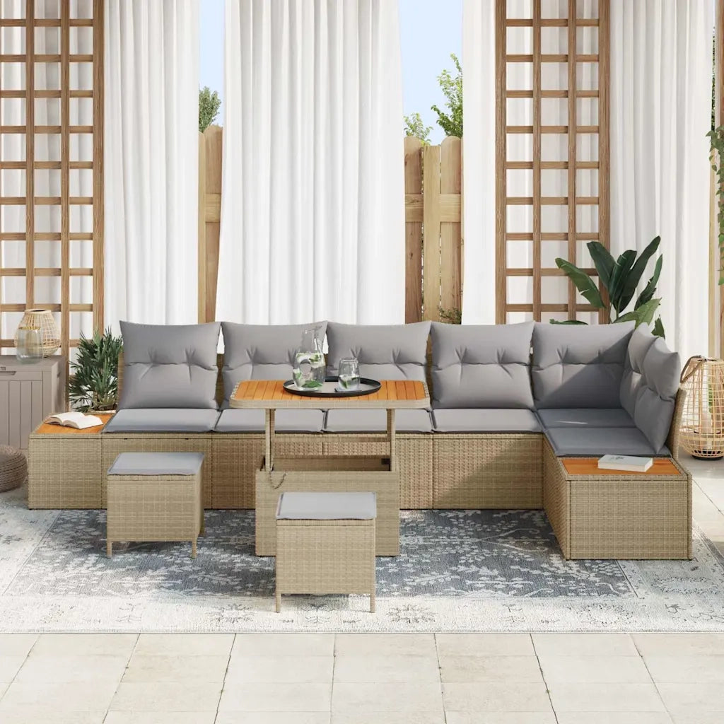 Set Divano da Giardino con cuscino 9 pcs Beige Poly Rattan
