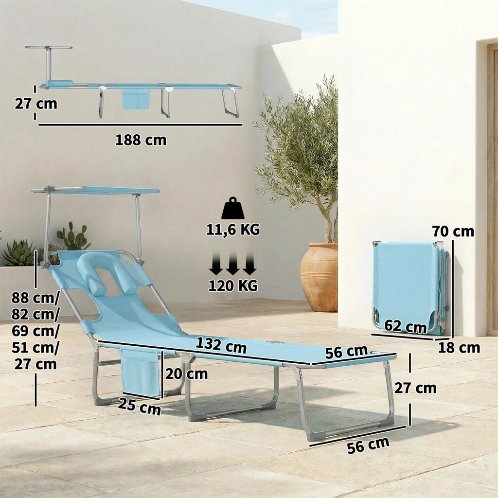 Set 2 Lettini Prendisole Pieghevoli Reclinabili ¨C Xylo ¨C Textilene 550g/m2 Baldacchino 360¡ã Blu
